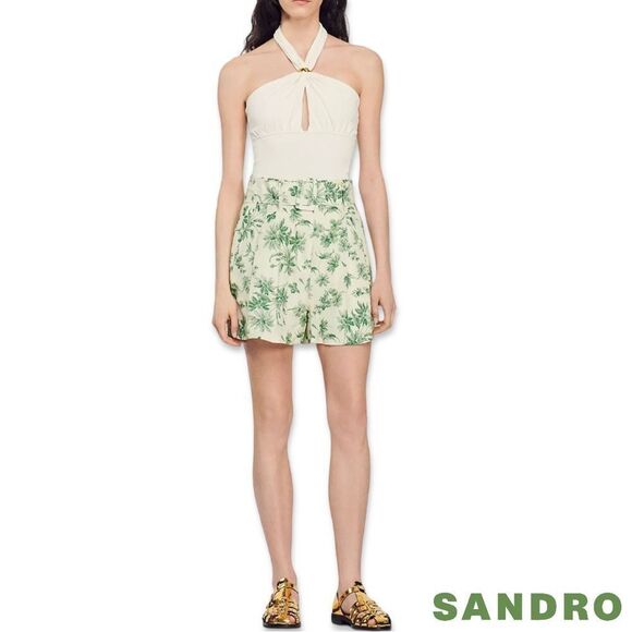 Sandro **NWT** Leman Loose Palm Tree Print Shorts in Ecru Green - Picture 9 of 10